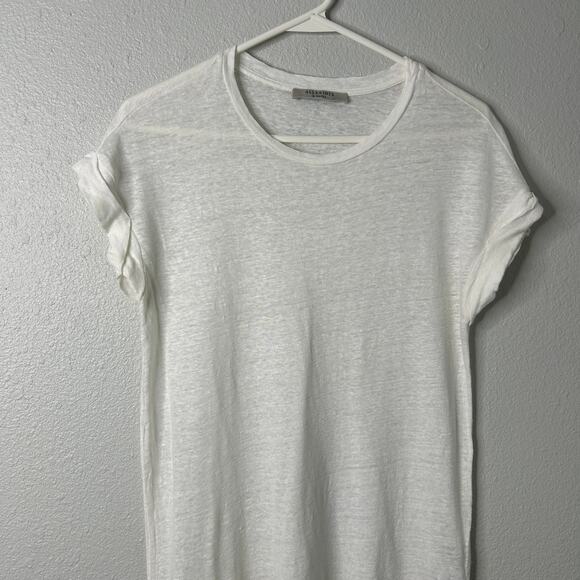 AllSaints Jody Jersey Dress White XS Linen Cap Sleeve Gathered Skirt Drop Waist - Picture 3 of 11